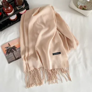 Detailed close-up of a soft beige cashmere-like tassel scarf displayed with cozy props.