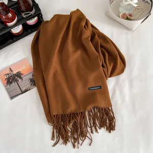 Cozy camel cashmere feel winter tassel scarf for women and men, soft warm fashion shawl wrap.