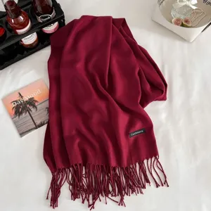 Wine red imitation cashmere tassel scarf, winter warm cozy neck wrap for women and men.