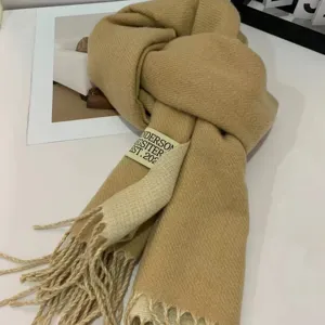 Classic winter cashmere-feel camel scarf with soft fringe, cozy warm unisex long wrap.