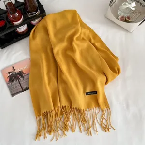 Yellow cashmere feel winter scarf warm cozy fringe tassel stylish fashion neck wrap soft