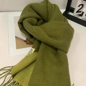 Solid color olive green imitation cashmere winter scarf featuring warm cozy fringe detail.