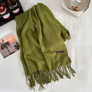 Olive green cashmere feel winter tassel scarf cozy warm shawl elegant fashion winter accessory