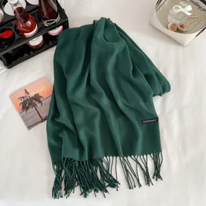 Dark green imitation cashmere winter scarf shawl with tassels, soft warm neck wrap for unisex.