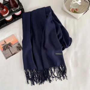 Dark blue classic cashmere feel winter tassel scarf for women and men warm shawl wrap