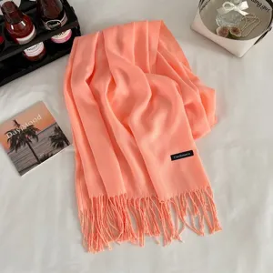 Coral pink imitation cashmere scarf detail, soft fringe winter warm shawl for men and women.