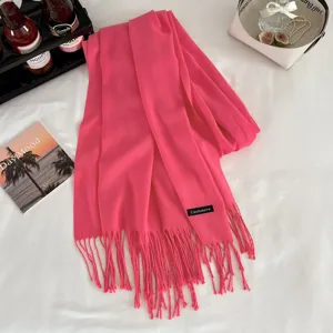Bright pink winter cashmere feel scarf with fringe, stylish warm tassel wrap for women.