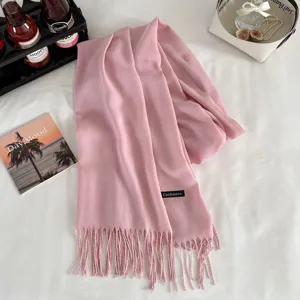 Pink cashmere feel winter tassel scarf cozy warm shawl neckwear stylish fashion accessory