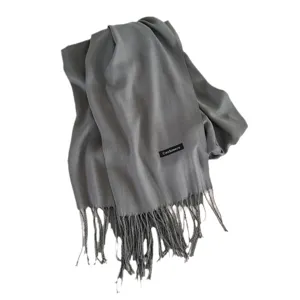 Winter imitation cashmere warm scarf for women and men, classic grey fringed shawl neck warmer.