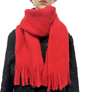 Winter red imitation cashmere fringed scarf for women, soft warm cozy neck wrap cold weather