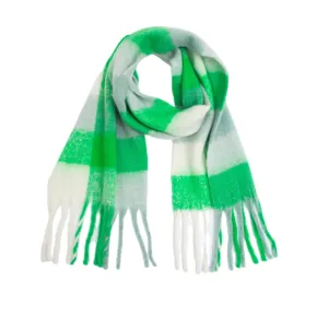 Detailed view of the cozy green plaid mohair scarf featuring soft tassels and warm texture.