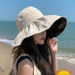 Sombrero de sol de ala ancha con forro negro, gorra anti-UV de playa para verano.