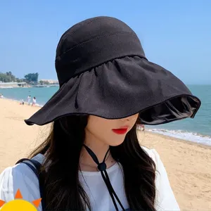 Sombrero de sol negro de ala ancha, sombrero de playa con protección UV, gorra transpirante
