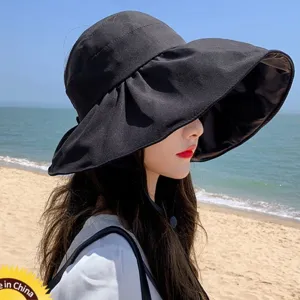 Sombrero de Sol Anti-UV de Verano para Mujer Ala Ancha Parte Superior Vacía Gorra de Playa Poliéster Transpirable Color Sólido Visera