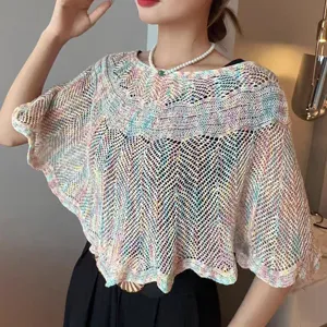 Stijlvolle gekleurde gebreide zomer strand zonbescherming poncho sjaal cape voor dames