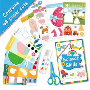Kids scissor skills craft activity book set with paper cuts, safety scissors and glue stick.