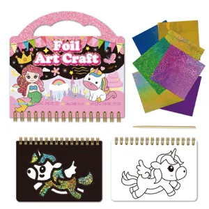 Kids foil art craft kit with sparkly handle, colorful foil sheets, and fun coloring cards.