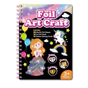 Detailed view of the kids foil art craft DIY notebook cover with colorful magical designs.