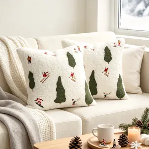 Cozy winter plush pillow cover featuring ski and tree embroidery for seasonal home decor.