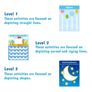 Children pen control training tracing book with cute cartoon designs for kids learning lines.