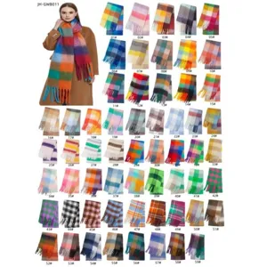 Women Winter Warm Tassel Plaid Scarf Imitation Mohair Thickened Long Shawl Versatile Fashion Neck Scarf