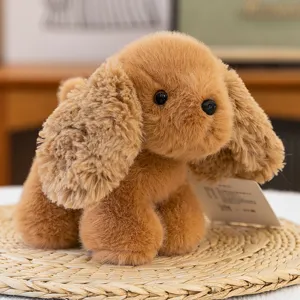 Cute brown puppy plush toy detail view, fluffy stuffed animal doll for kids gift.