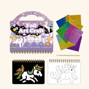 Detail showcase of kids unicorn foil art craft kit, including shiny foil sheets and tools.