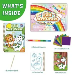 Children DIY foil art craft set with notebooks, colorful sheets, crayons, and drawing tools.