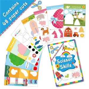 Kids scissor skills paper cutting book with 48 activity pages for DIY crafts and learning.