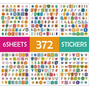 Alphabet stickers set with colorful letters, 6 sheets and 372 pieces for DIY crafts.