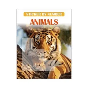 Detailed view of kids animal sticker by number book cover, educational toy and learning craft.