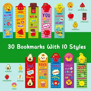 Cute cartoon bookmarks with 10 various fruit and food styles, perfect paper stationery for kids.