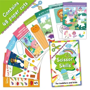 Detailed preview of kids scissor skills activity book with paper cuts and learning games