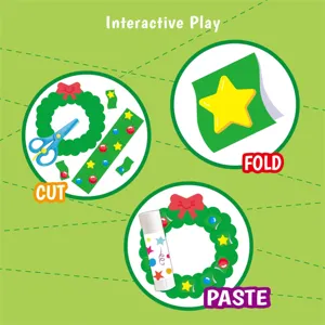 Detailed view of children's Christmas paper cutting activity guide with interactive play steps.