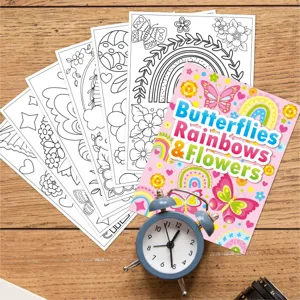 Kids coloring book set with butterfly rainbow flower designs, DIY drawing pages for girls.
