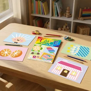 Kids DIY tape activity book set with colorful craft sheets and pencils on wooden table.
