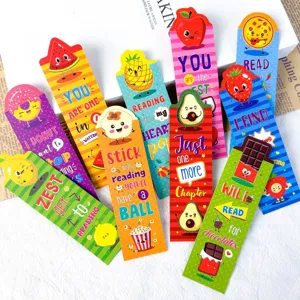 Cute cartoon fruit food paper bookmarks for kids and students, colorful reading markers set.