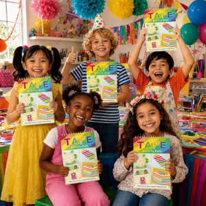Happy kids holding tape activity book in craft classroom scene, colorful sticker set.