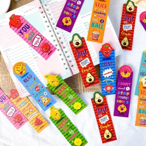 Cute cartoon fruit paper bookmarks detail view, colorful student stationery collection.