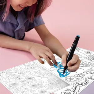 Detailed shot of a child coloring butterfly line art with a marker in a creative book.