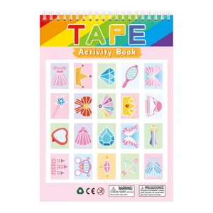 Detailed view of children tape sticker book, cartoon DIY craft activity page with cute items.