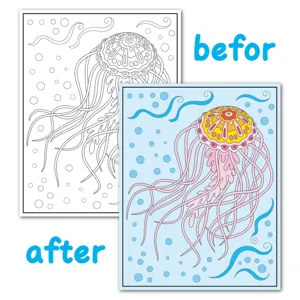 Detailed view of a jellyfish coloring page showing before and after coloring comparison.
