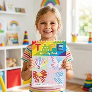 Kids tape sticker book DIY craft set with 4 rolls of easy-peel tape for creative activities.