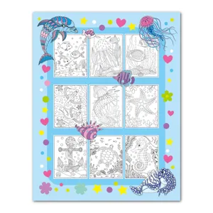 Kids marine coloring book page with nine grid panels, DIY creative painting for 4-6 years.