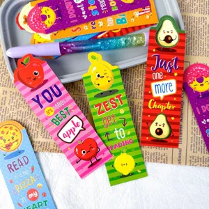 Cute cartoon fruit bookmarks set with glitter pen for students, colorful paper reading markers.