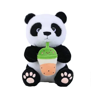 Cute panda plush toy holding a boba tea cup, soft stuffed animal doll for kids gift.