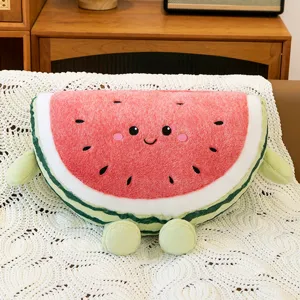 Cute watermelon plush toy detail, soft stuffed pillow with cute face and little limbs.