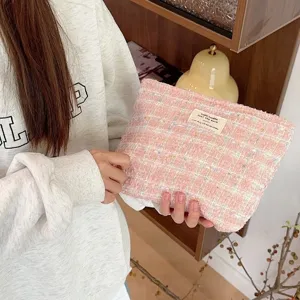 Pink Tweed Cosmetic Bag Cute Makeup Pouch Travel Toiletry Organizer Clutch Purse for Women