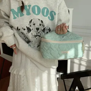 Ins style heart quilted cosmetic bag large capacity portable toiletry storage handbag for travel.