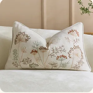 Nordic style embroidered throw pillow cover, beige botanical chenille cushion case for home decor.